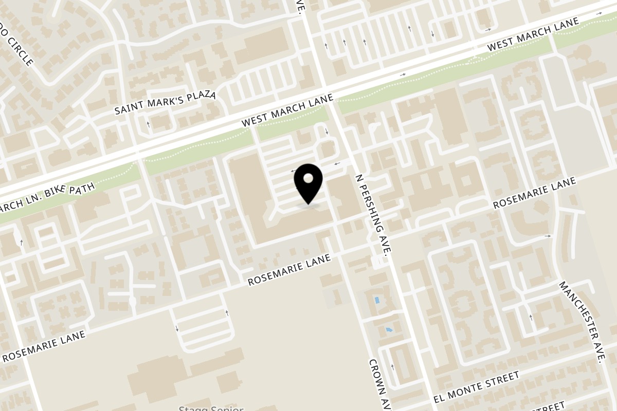 Map showing the location of De Vinci's Delicatessen Pershing Avenue on 4555 N Pershing Ave in Stockton