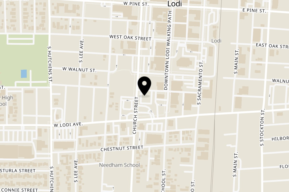 Map showing the location of De Vinci's Delicatessen Lodi on 220 Church St in Lodi